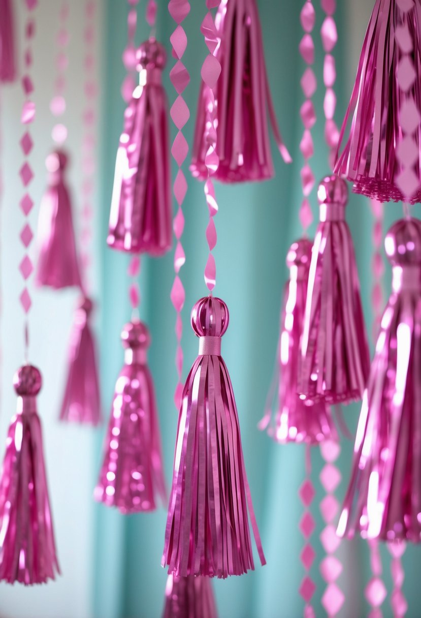 Shiny pink tassel garlands hanging against a soft pastel background.
