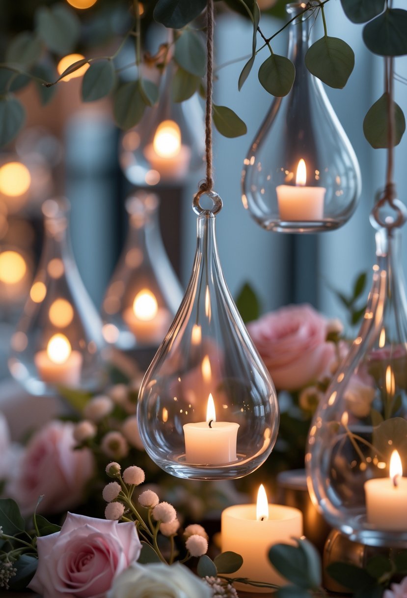 Glass teardrop candle holders with lit candles surrounded by soft floral decorations on a warm, softly lit surface.