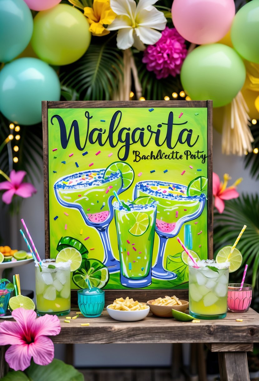 A colorful hand-painted margarita welcome sign surrounded by festive bachelorette party decorations including balloons, tropical flowers, and margarita glasses on a wooden table.
