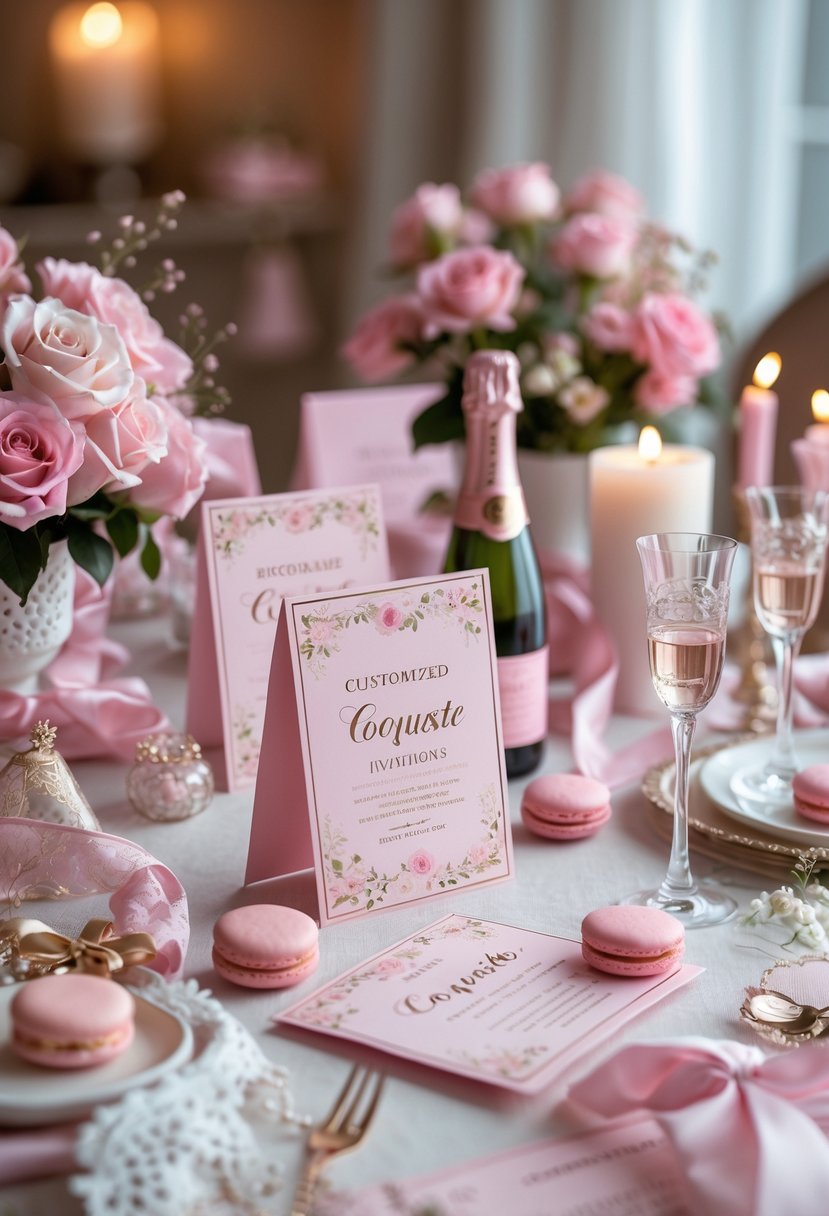 A decorated table with pink floral invitations, roses, candles, and party favors arranged for a bachelorette party celebration.