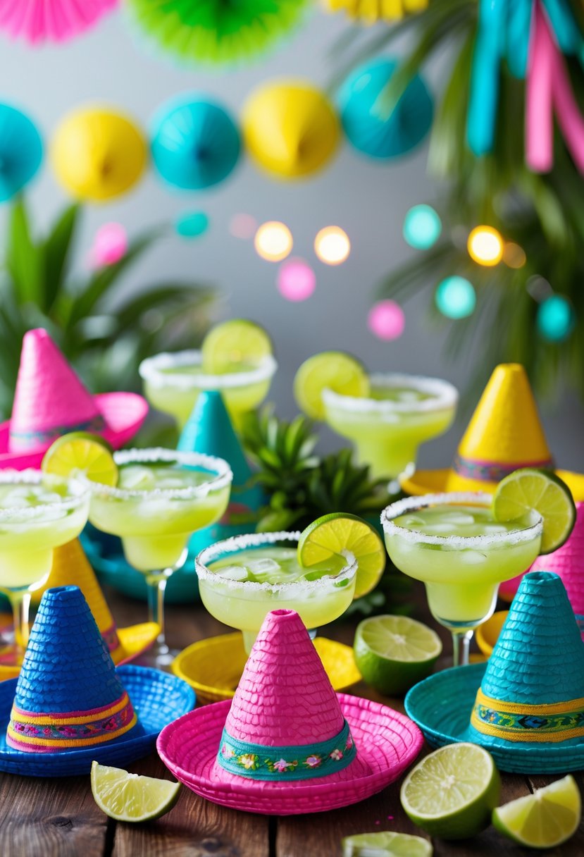 Table with colorful mini sombrero hats, margarita glasses with lime wedges, and festive party decorations.