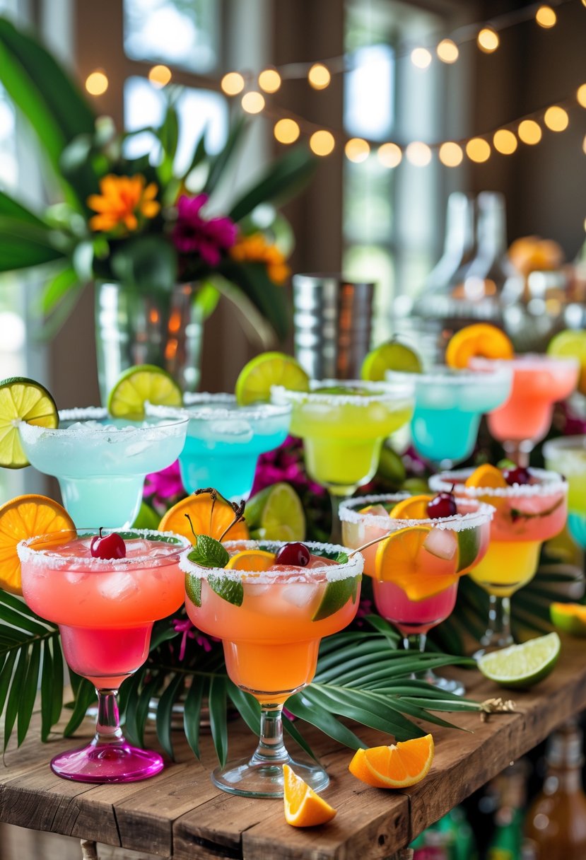 A margarita bar with colorful drinks and fresh fruit garnishes on a wooden table, decorated for a festive party.