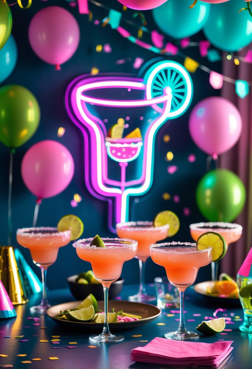 A festive indoor party setup with a glowing margarita-shaped neon sign, colorful cocktails, and bright decorations for a bachelorette celebration.