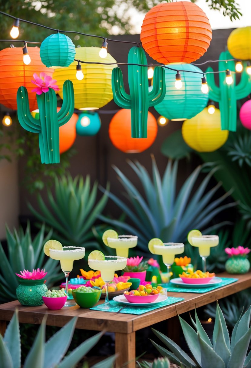 Outdoor party scene with cactus and agave paper lanterns hanging above a table decorated with margarita glasses and festive snacks.