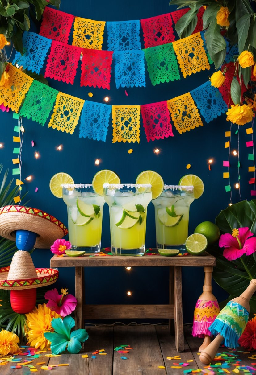 A colorful fiesta-themed photo booth setup with margarita glasses, sombreros, maracas, tropical flowers, and festive decorations.