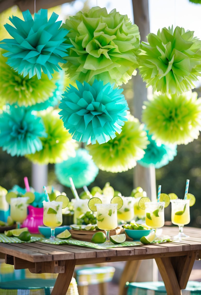 Lime green and teal tissue paper pom-poms hanging above a table set with margarita drinks and party snacks in an outdoor setting.