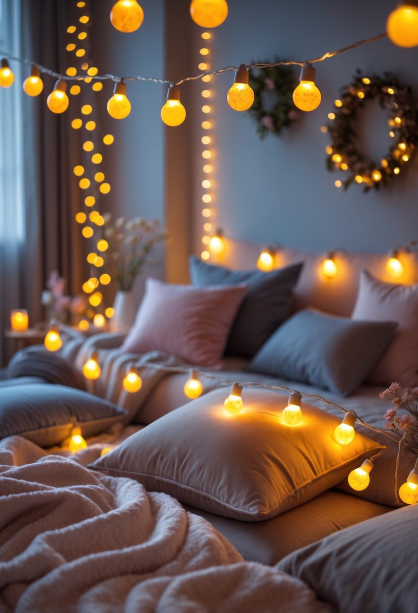 A cozy indoor setting with warm string lights and comfortable seating arranged for a small gathering.