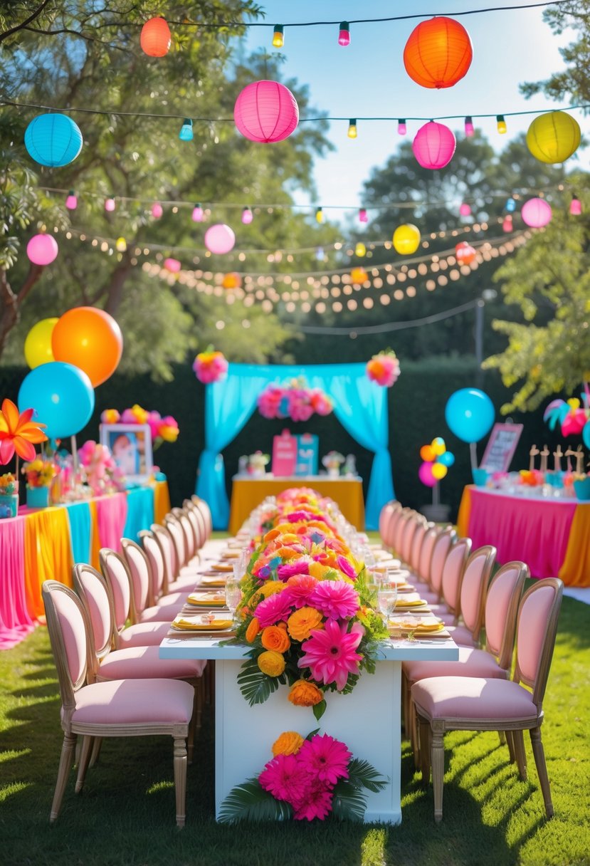 Outdoor summer bachelorette party setup with colorful decorations, flowers, balloons, and a drink station under trees.