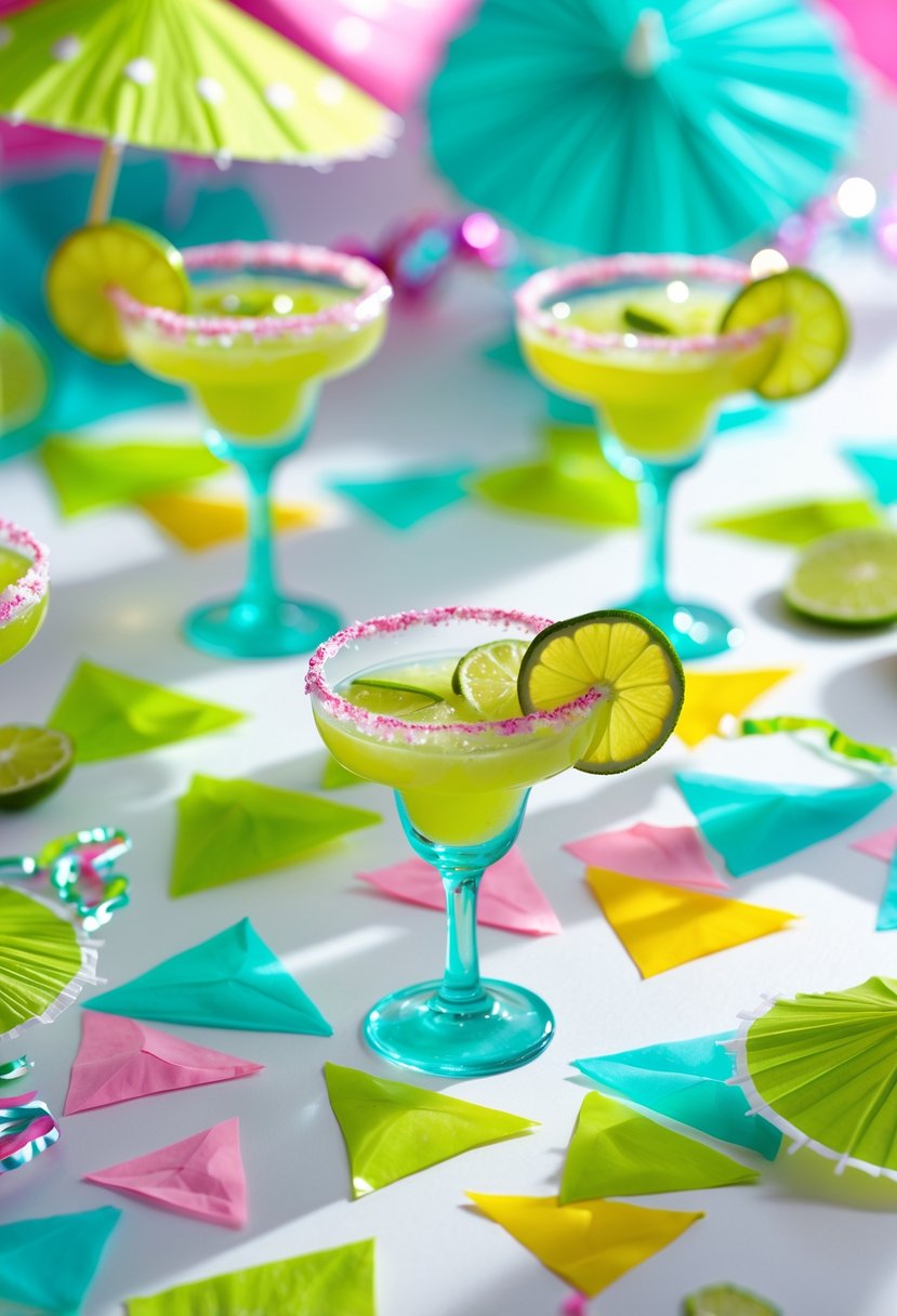 Colorful margarita-shaped confetti scattered on a bright surface with small party decorations around it.