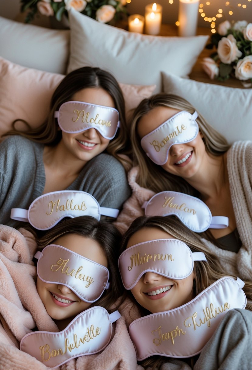 A cozy bachelorette party scene with personalized satin sleep masks arranged on a bed surrounded by pillows and soft blankets, with women in comfortable loungewear enjoying the setting.