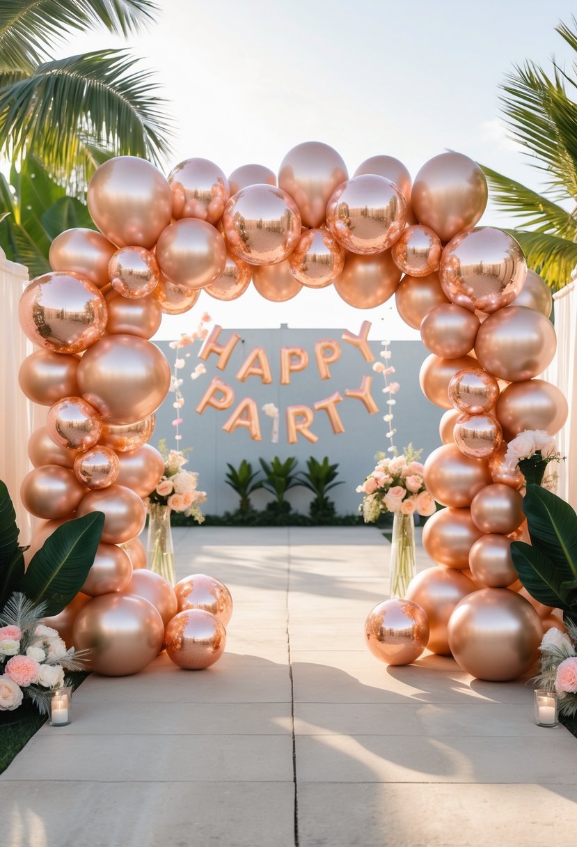 A rose gold balloon arch decorated with tropical leaves and flowers in a bright outdoor setting.