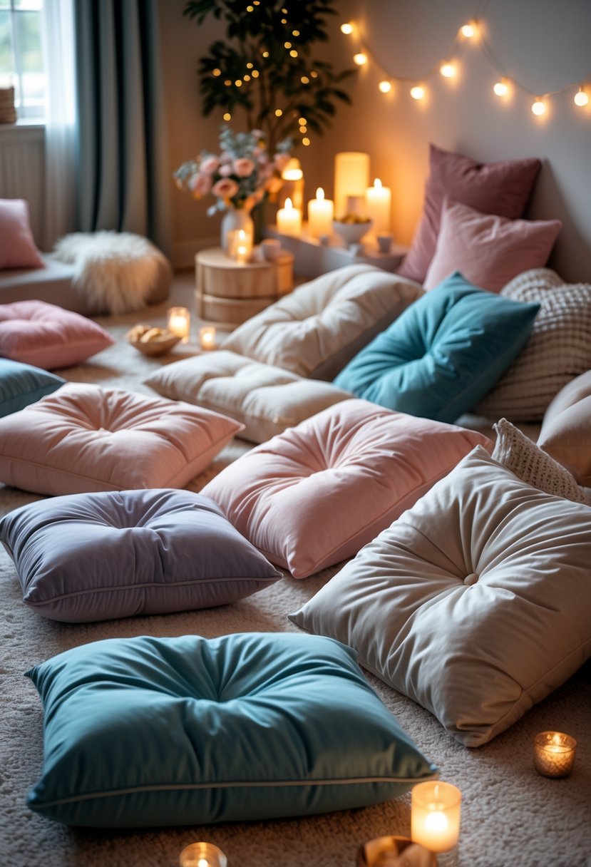 A cozy indoor scene with oversized floor pillows arranged on a carpet, surrounded by soft lighting and party decorations.