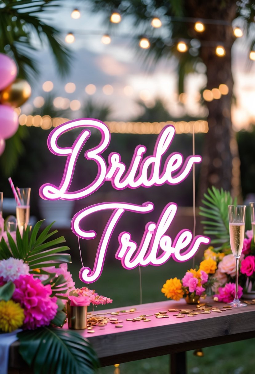 Outdoor summer bachelorette party setup with colorful decorations, floral arrangements, balloons, and glowing neon sign in a garden setting.