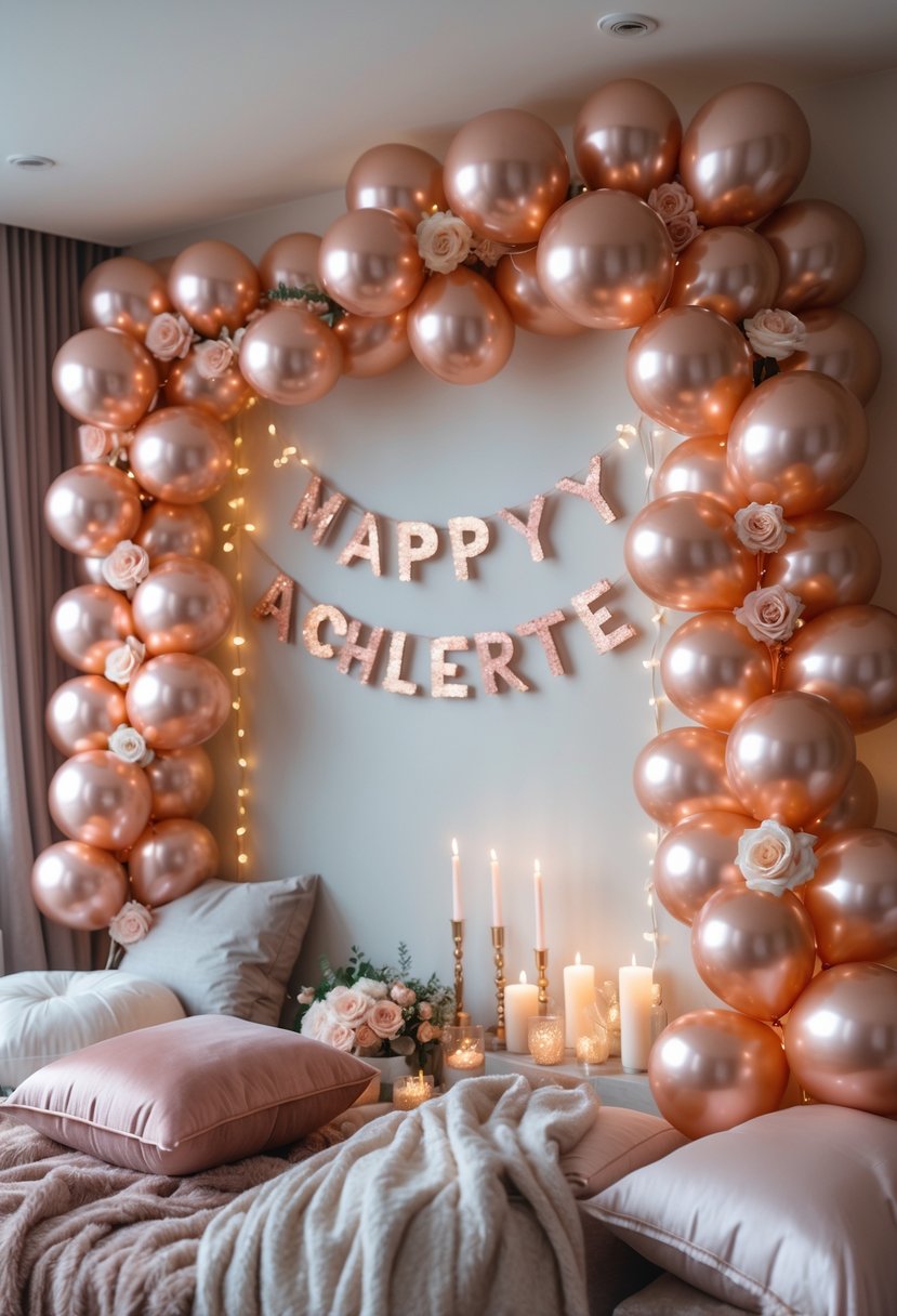 Rose gold balloon garlands arranged with fairy lights and cozy decorations in a softly lit indoor party setting.