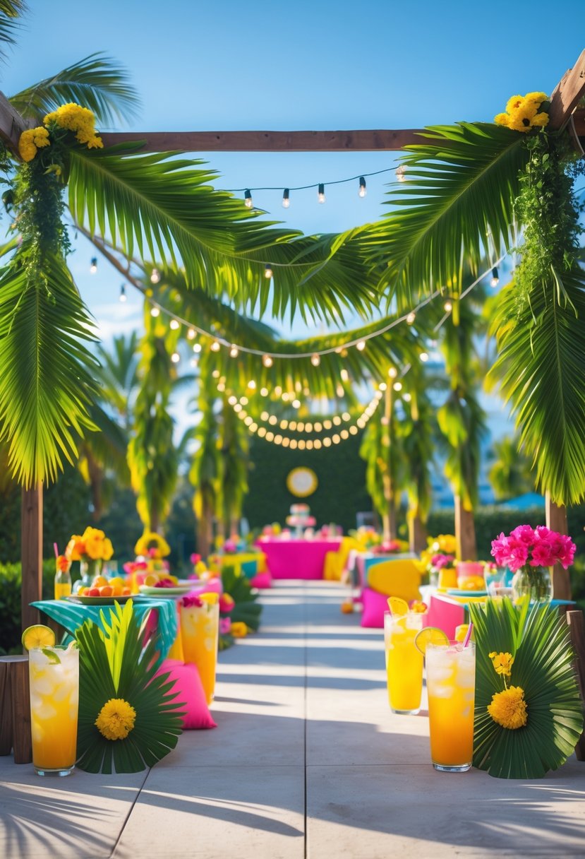 Outdoor summer party decorated with tropical palm leaf garlands, colorful flowers, and festive table settings under a clear blue sky.