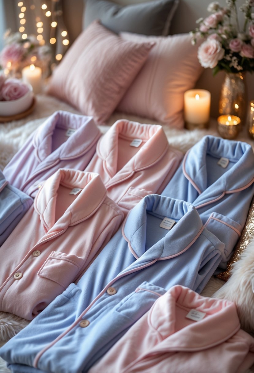 A cozy arrangement of soft plush pajamas on a bed surrounded by decorative pillows, fairy lights, and floral accents for a slumber party setting.
