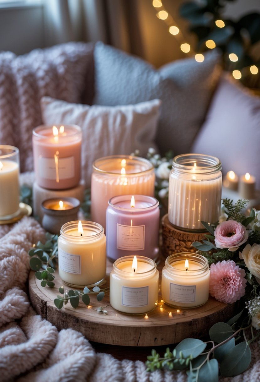 A cozy indoor scene with decorative scented candles glowing softly on a table surrounded by pillows, blankets, and floral accents, set for a bachelorette slumber party.