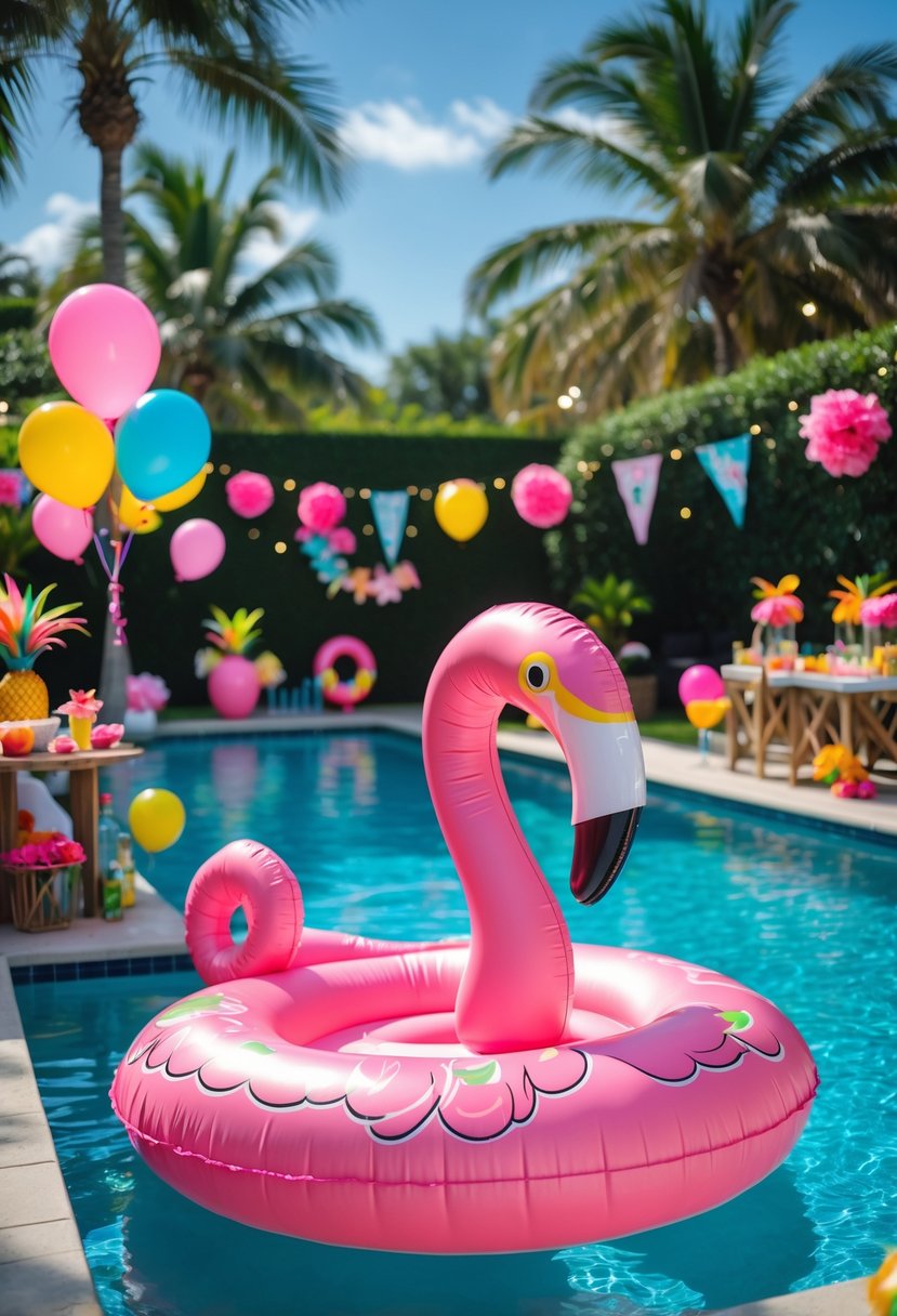 A pink flamingo pool float in a blue pool surrounded by colorful summer party decorations and tropical plants.