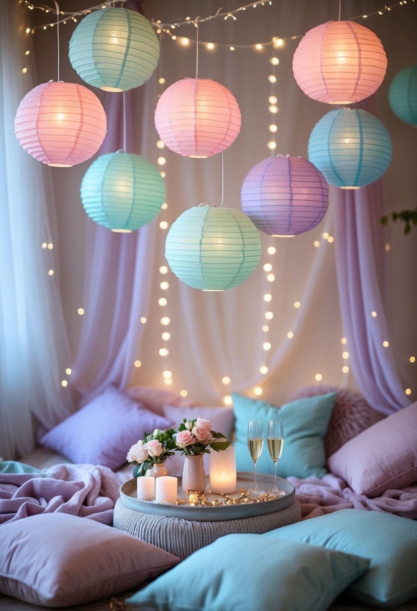 A cozy indoor party scene with soft pastel paper lanterns hanging from the ceiling and a low table surrounded by cushions and party decorations.