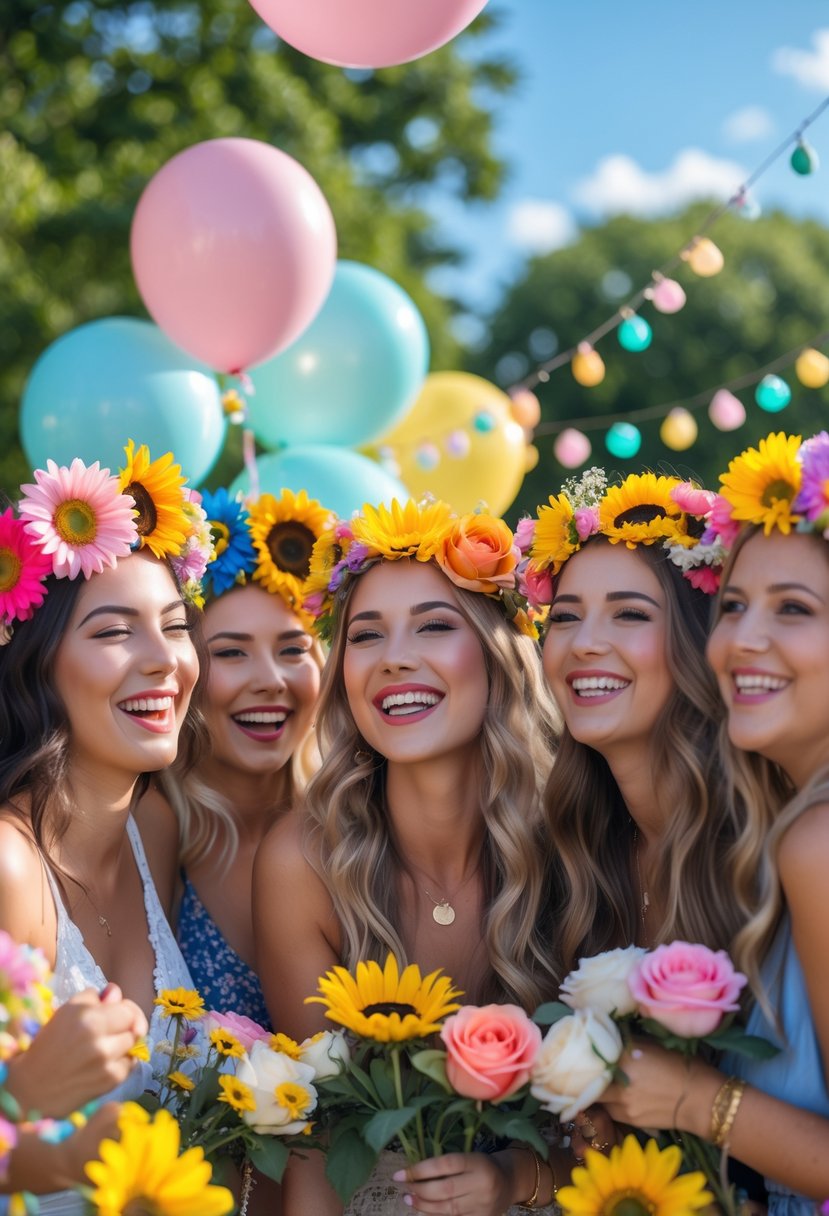 A group of women wearing colorful flower crowns smiling and enjoying a summer party outdoors surrounded by festive decorations.