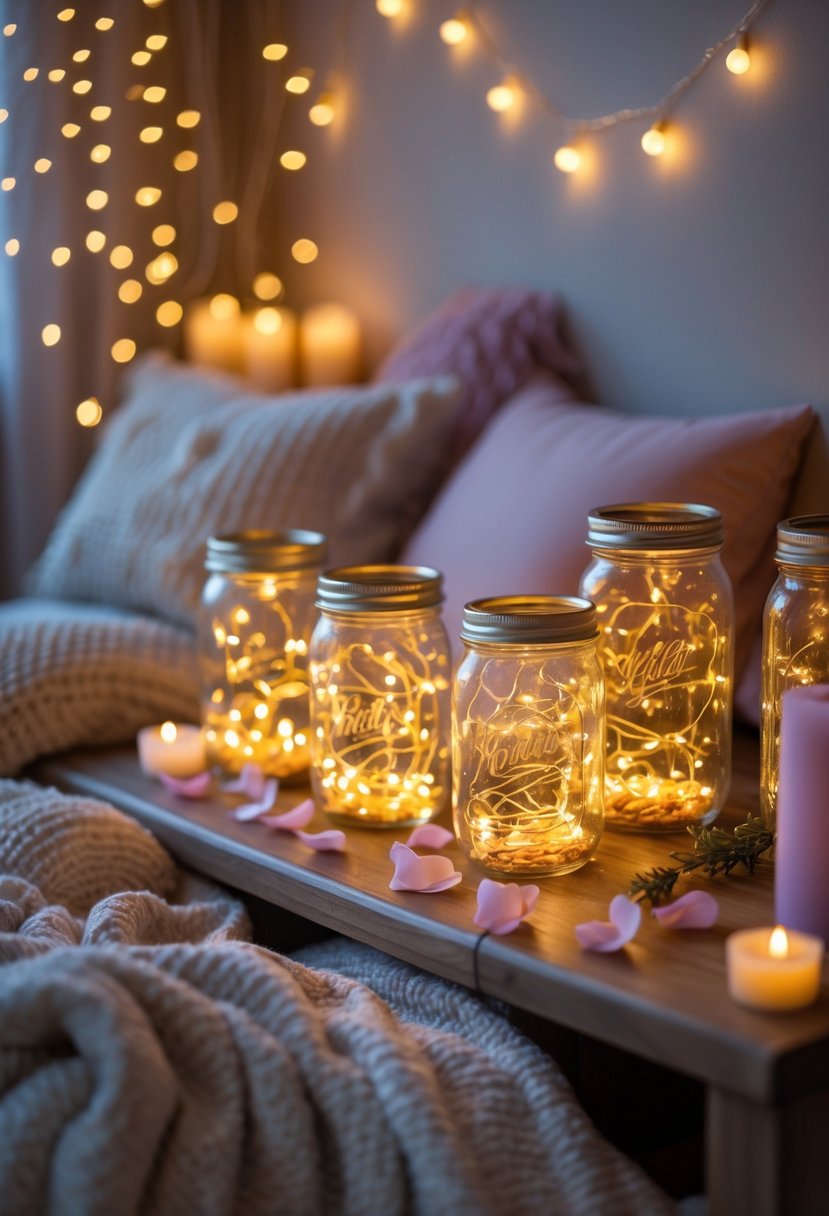 Mason jars filled with glowing fairy lights arranged on a wooden surface surrounded by soft blankets and pillows in a cozy indoor setting.