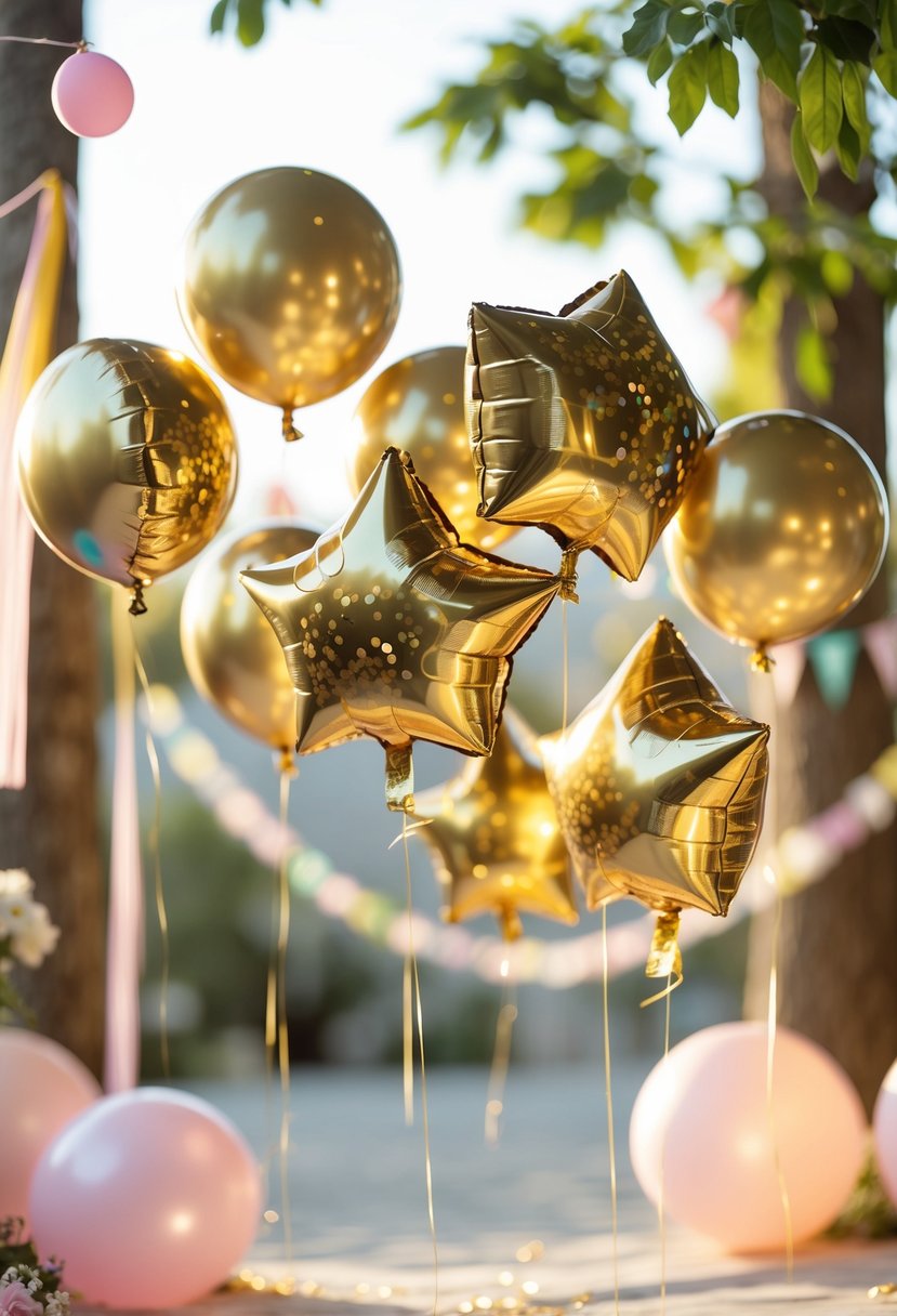 Gold foil confetti balloons floating outdoors with summer party decorations and sunlight in the background.