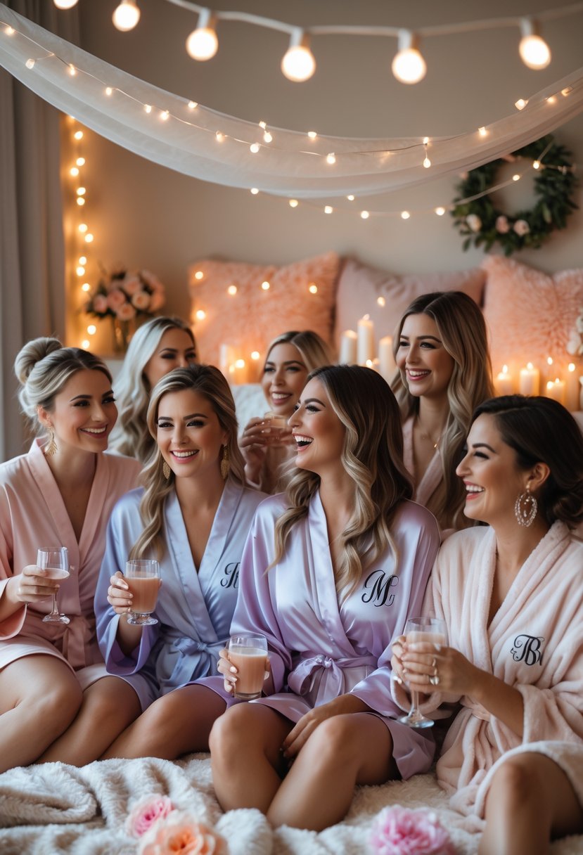 A group of women wearing soft monogrammed robes gathered in a cozy room decorated for a bachelorette slumber party.