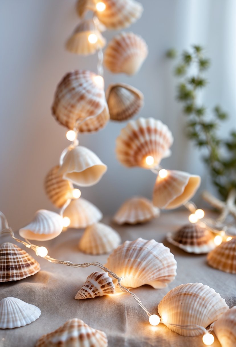 A string of seashell garland lights glowing softly against a neutral background with beach-themed decorations.