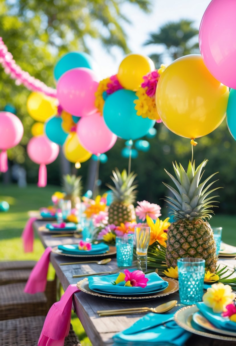 Outdoor summer bachelorette party setup with colorful balloons, floral decorations, and a decorated table under trees.