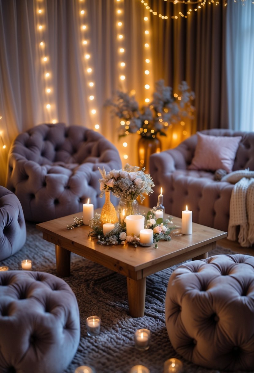 A cozy indoor scene with velvet tufted poufs arranged around a low table decorated with lights and flowers for a slumber party.