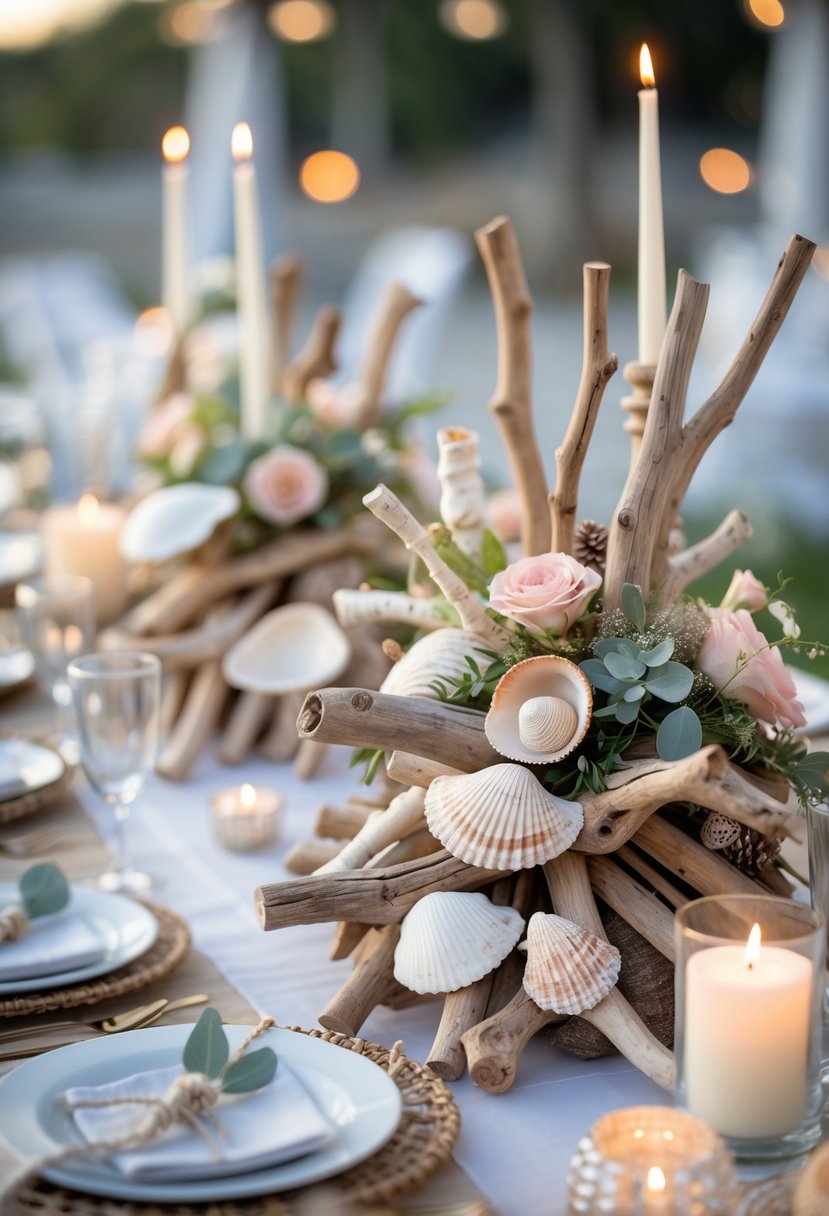 A table decorated with driftwood and seashell centerpieces surrounded by flowers and candles in an outdoor beachside setting.