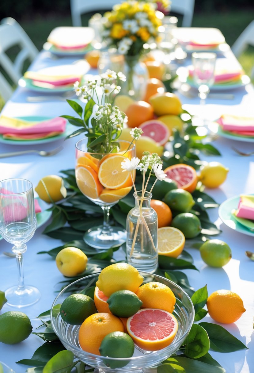 A summer party table with bright citrus fruit centerpieces, green leaves, and elegant tableware arranged outdoors.