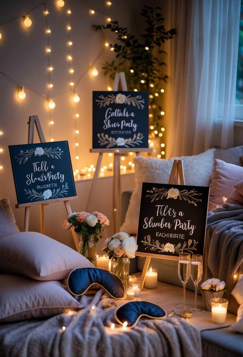 A cozy indoor room set up for a slumber party bachelorette with pillows, blankets, chalkboard signs, fairy lights, and party decorations.