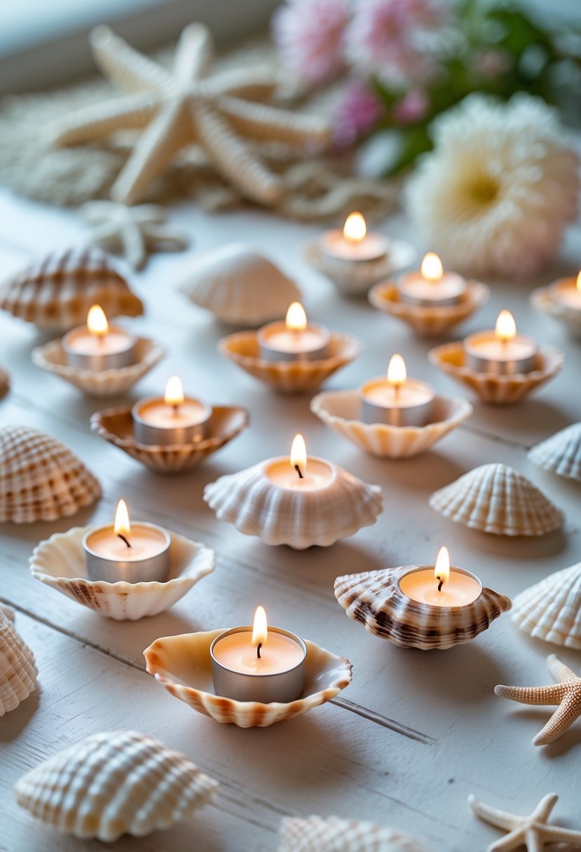 A collection of small seashells holding lit candles arranged on a wooden surface with beach-themed decorations in the background.