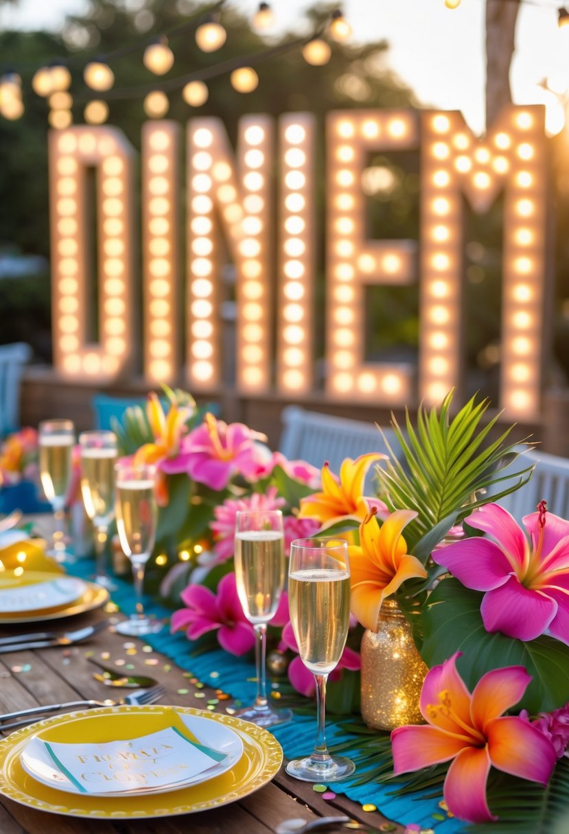 Outdoor summer bachelorette party setup with glowing marquee letters, tropical flowers, and festive table decorations.