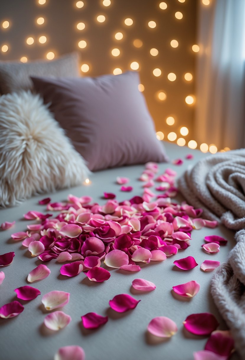 Close-up of rose petal confetti scattered on a soft surface surrounded by pillows and fairy lights for a cozy bachelorette party setting.