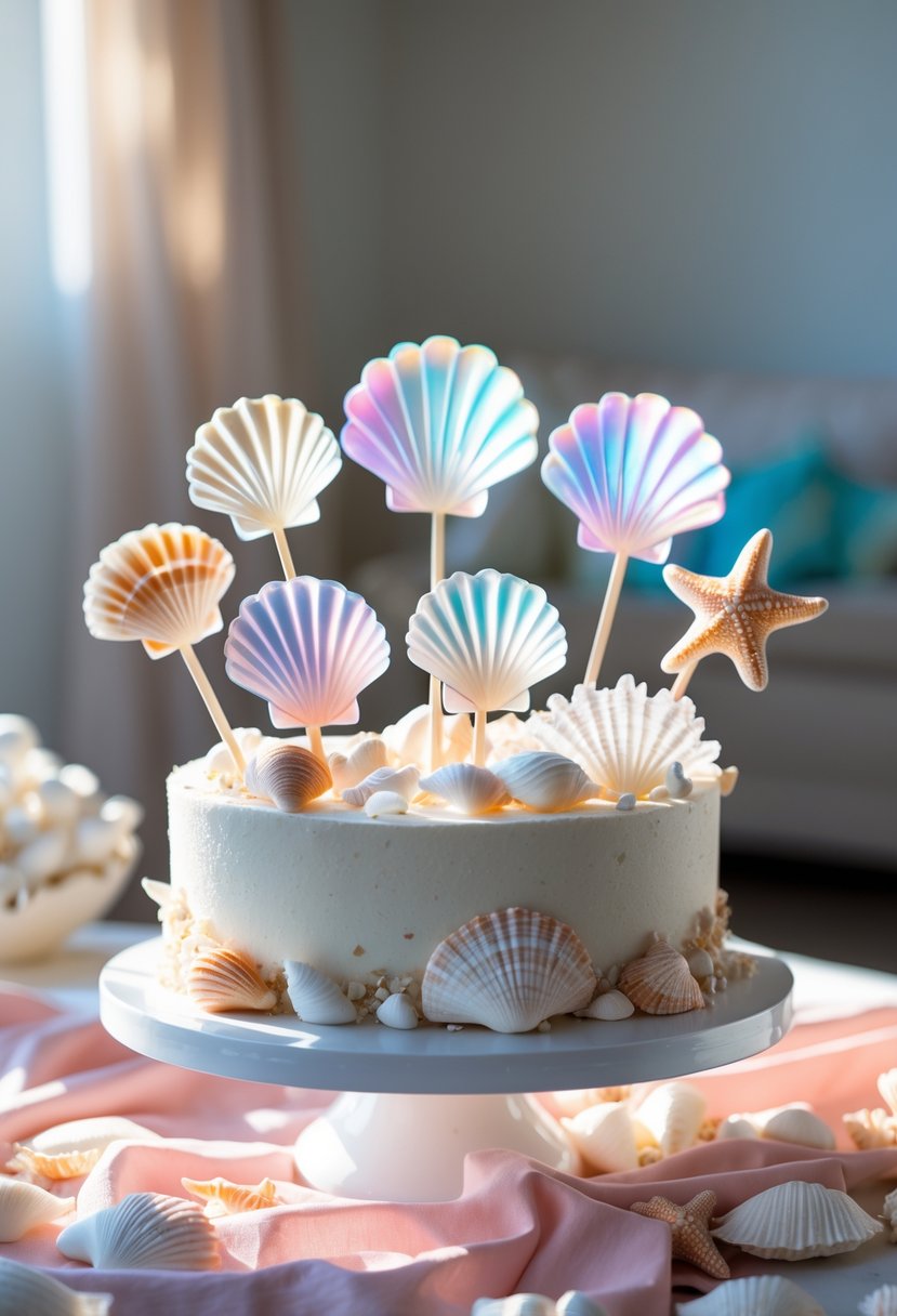 A close-up of acrylic seashell cake toppers arranged on a white cake stand surrounded by beach-themed party decorations.