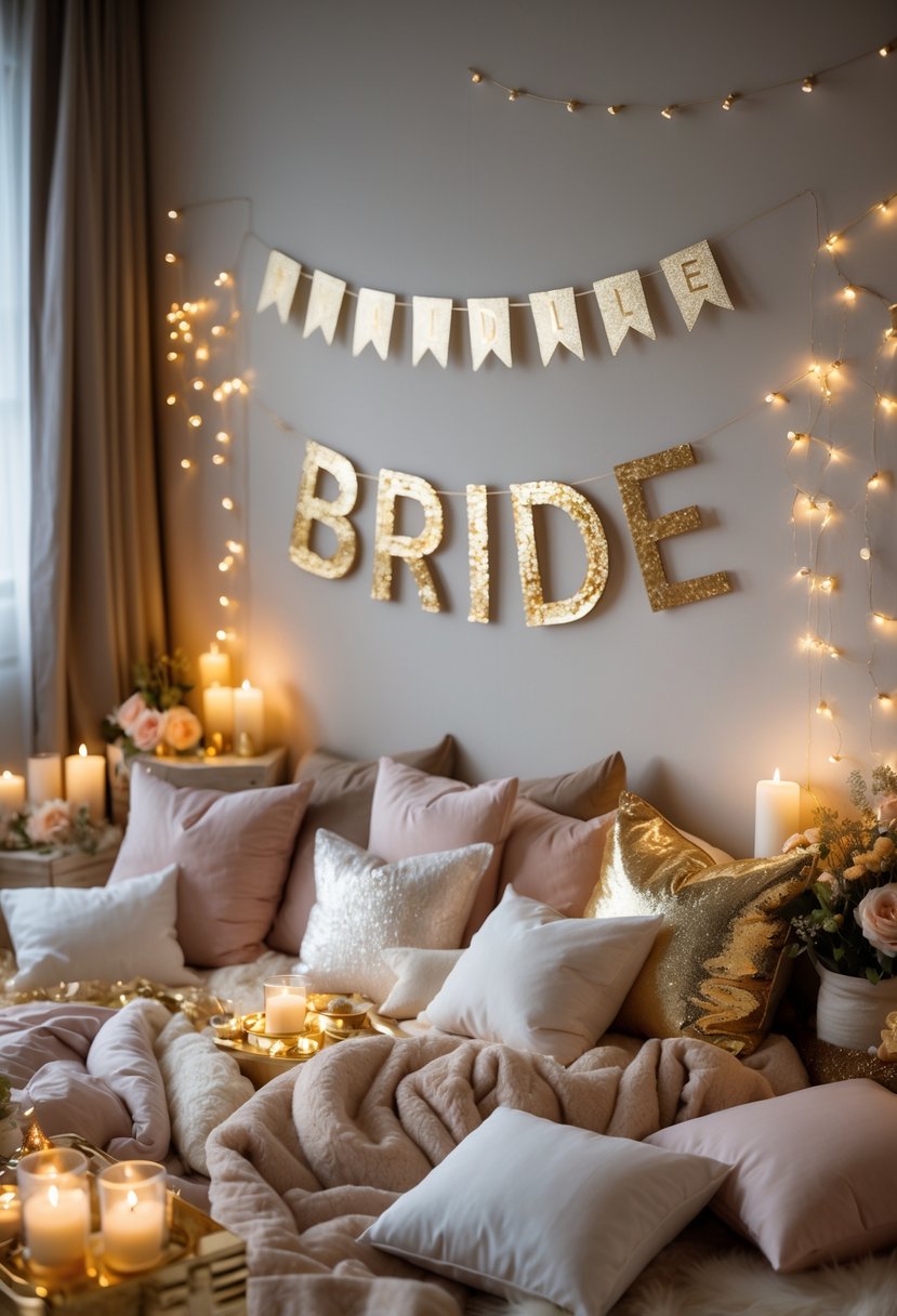 A cozy room set up for a bachelorette slumber party with gold foil decorations, pillows, blankets, fairy lights, candles, and floral arrangements.