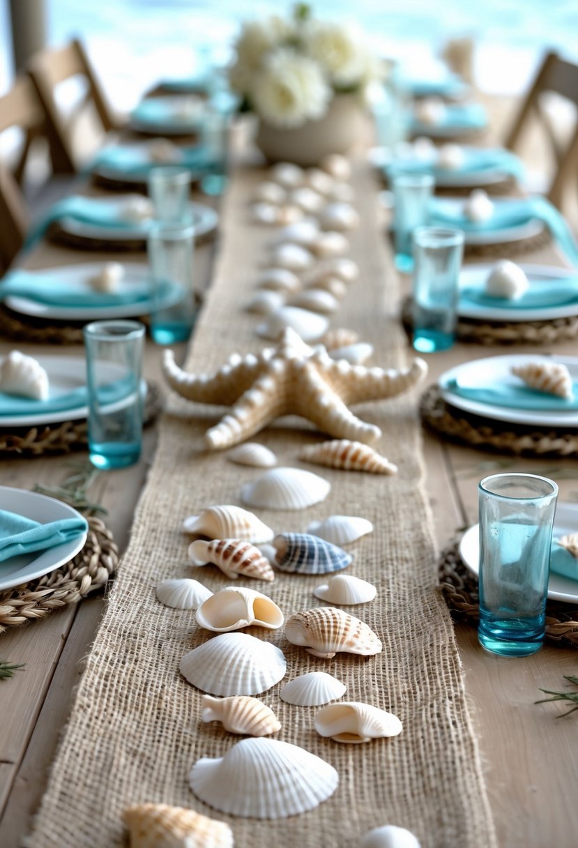 A rustic wooden table with jute table runners decorated with scattered seashells and beach-themed decor.