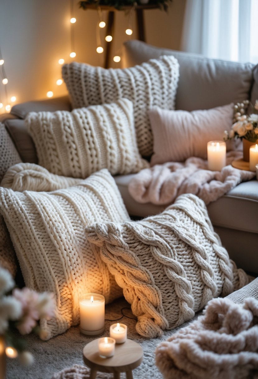 A cozy indoor scene with chunky knitted cushions arranged on a sofa and floor, surrounded by soft lighting and decorative elements for a relaxed gathering.