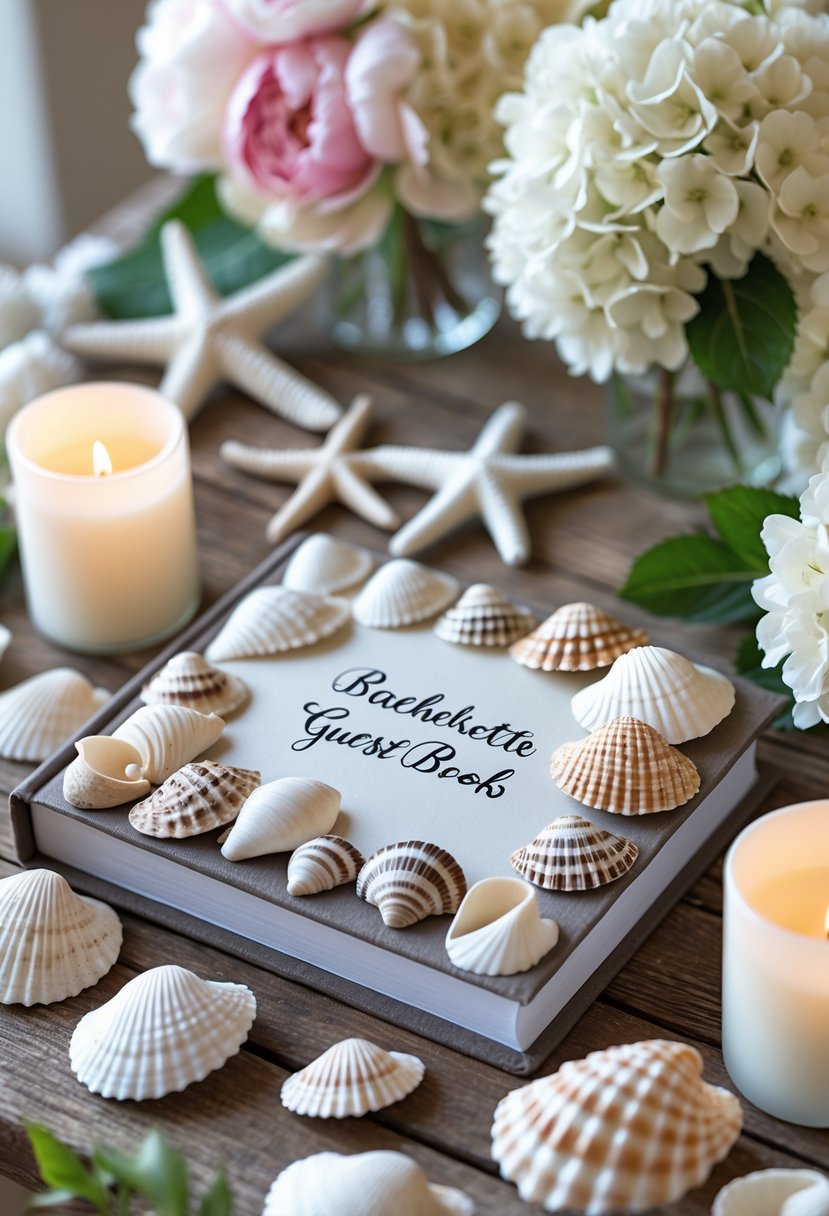 A table with a personalized seashell guest book surrounded by seashells, candles, starfish, and pastel flowers for a bachelorette party.