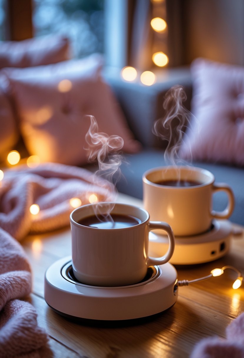 A cozy indoor scene with warm mug warmers holding steaming mugs on a wooden table surrounded by soft blankets and fairy lights.