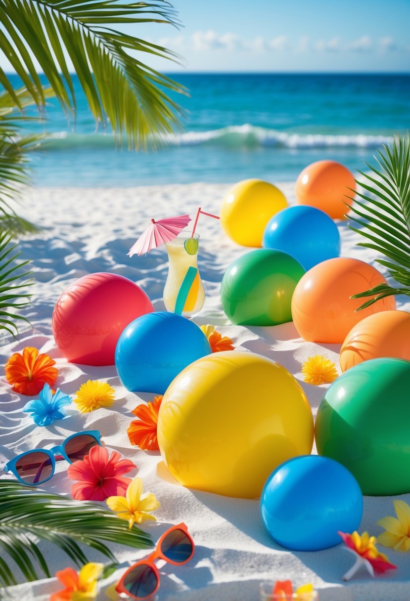 Colorful beach ball photo props arranged on white sand with tropical flowers, palm leaves, and a sunny beach background.