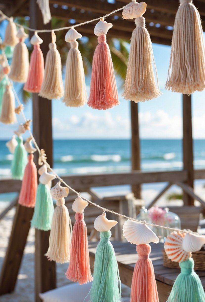 Beachy tassel garlands with seashell charms hanging outdoors near the ocean during a sunny day.
