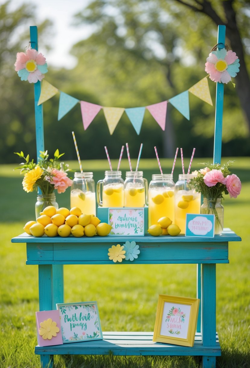 An outdoor lemonade stand decorated with lemons, pitchers of lemonade, flowers, and colorful summer party decorations.