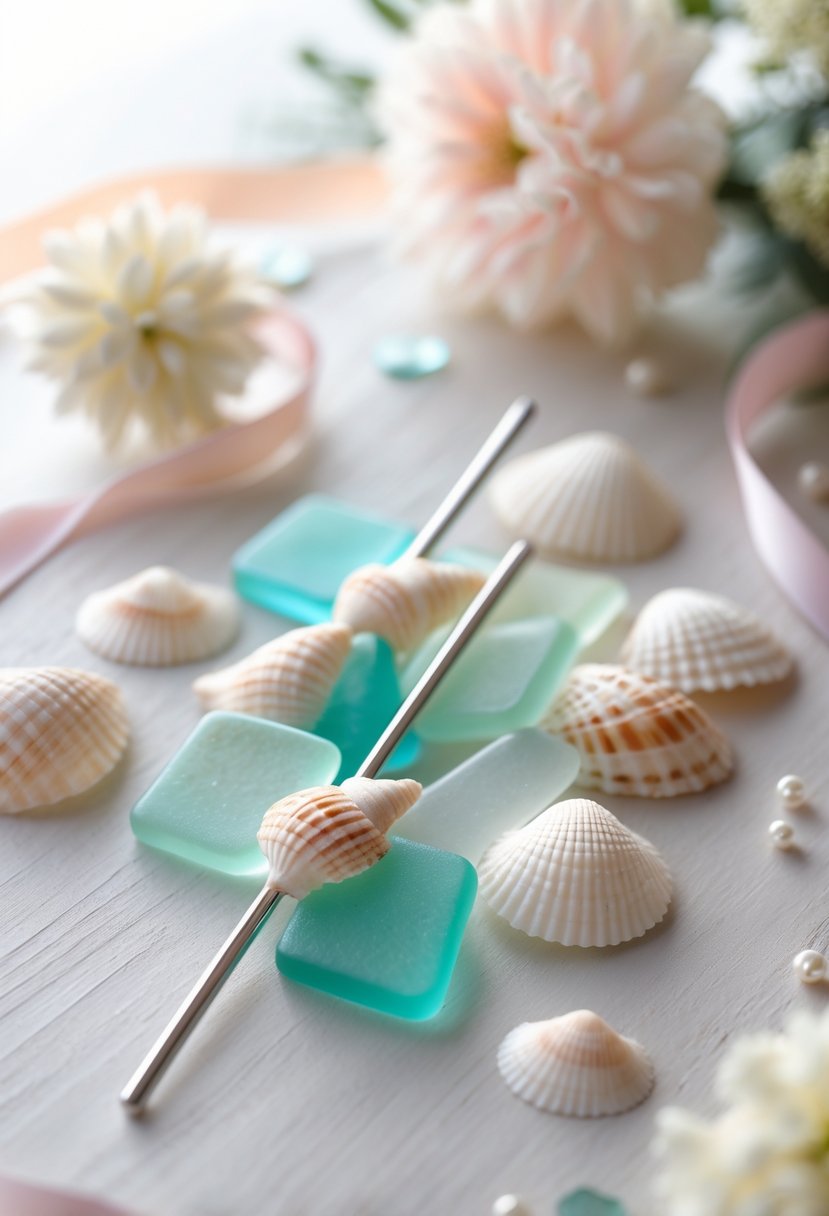 A close-up of sea glass and seashell drink stirrers arranged on a wooden surface with soft decorative accents around them.