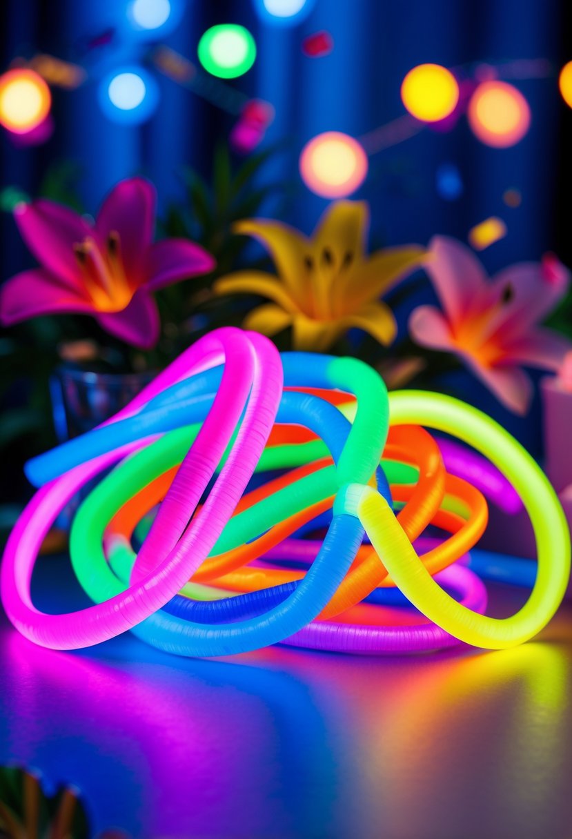Colorful glow stick bracelets arranged on a table with summer party decorations in the background.