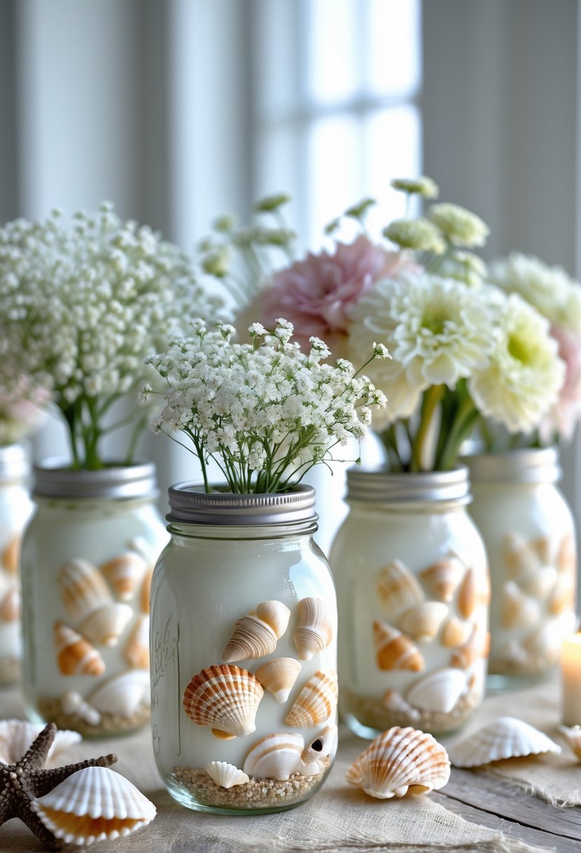 Mason jars decorated with seashells and filled with flowers arranged on a wooden table with beach-themed decorations.