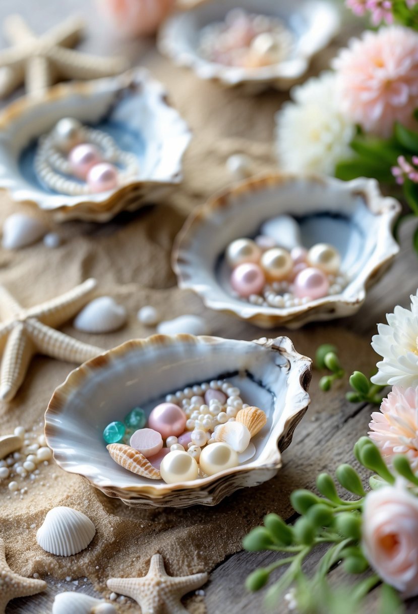 Oyster shell dishes arranged on a wooden table holding small trinkets, surrounded by seashells, flowers, and greenery.