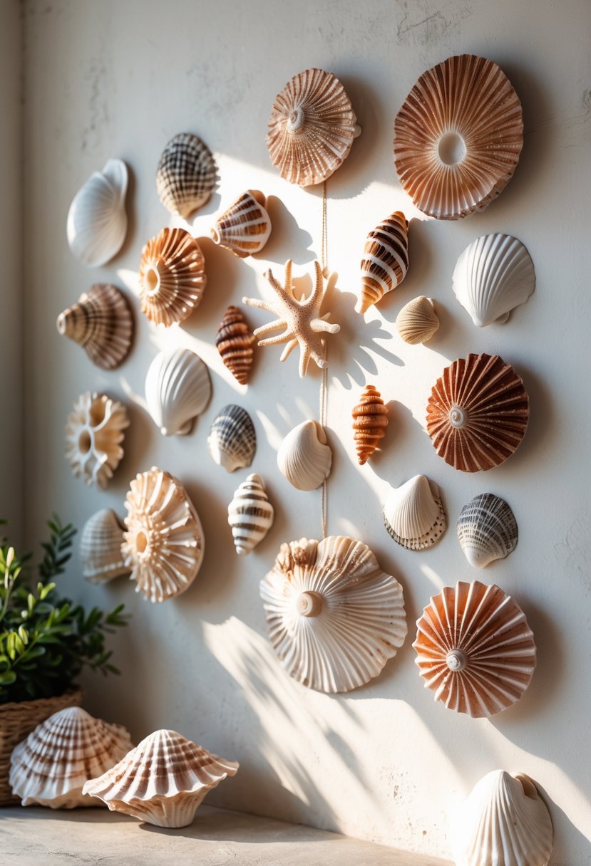 A wall decorated with coral and seashell hangings arranged artistically against a light background.